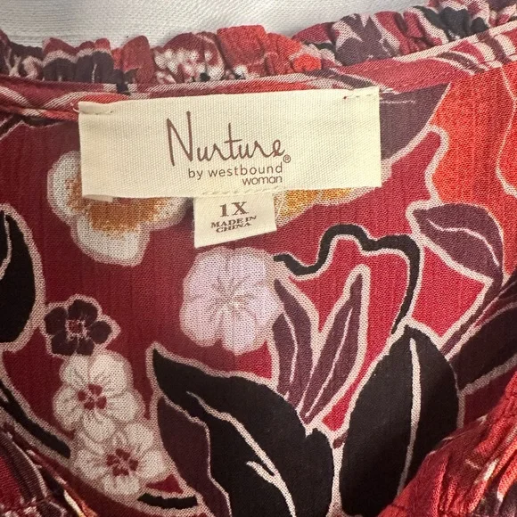 Nurture by Nature Westbound Red and Orange Ruffled Blouse 1X - Picture 2 of 2